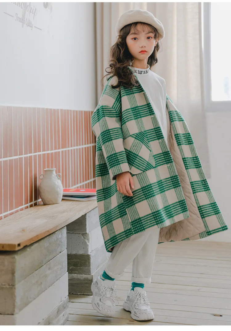 Winter New Thicken Girls Coat Long Style Plaid Baby Girls Jacket Fashion Design Loose Autumn Kids Jacket for Girls,#8136