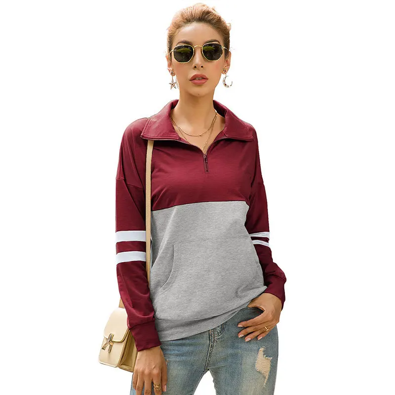 Лоскутная цветная Толстовка женские толстовки осень Sudadera Mujer пуловер толстовка с отложным воротником Sudadera Mujer Con Capucha - Цвет: Burgundy