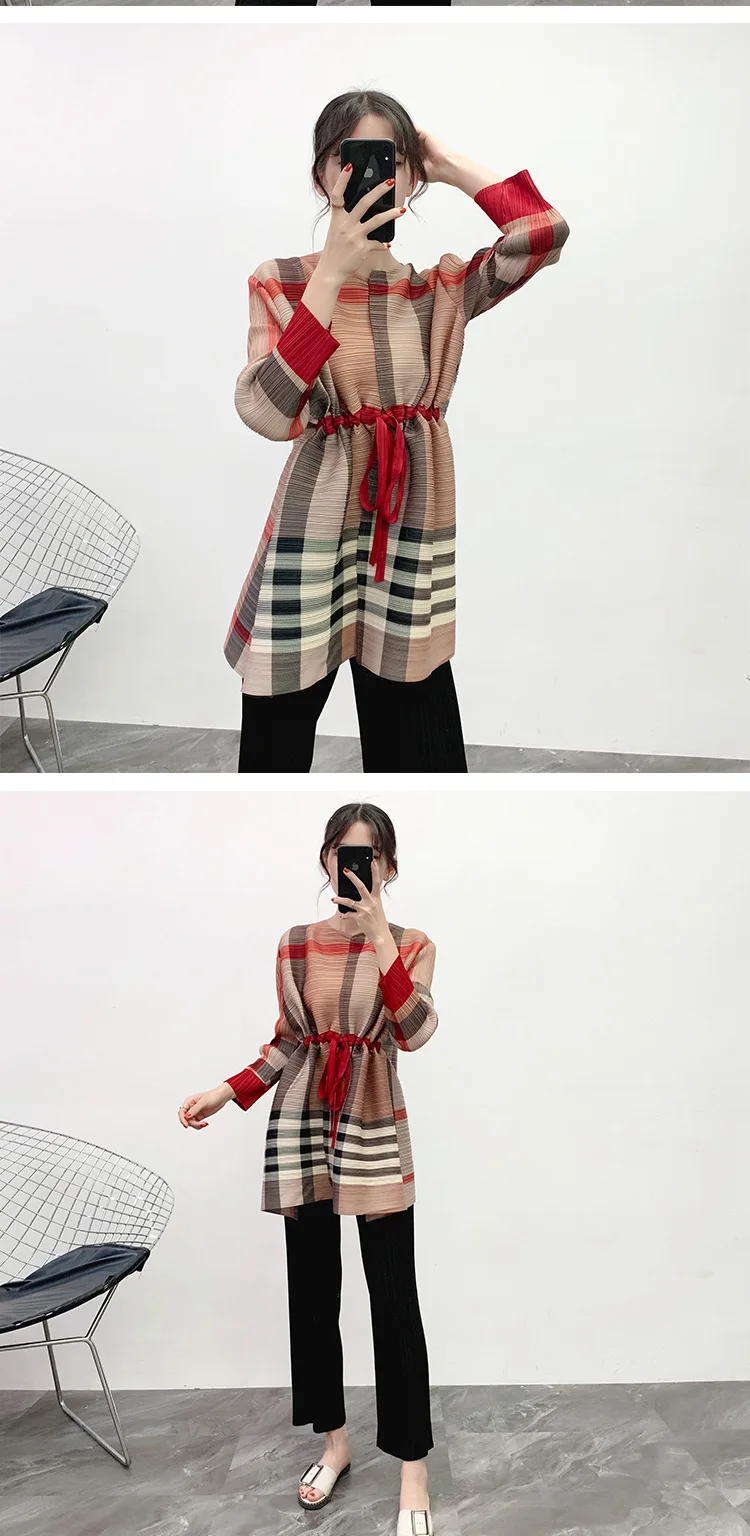 MIYAKE плиссированная клетчатая Футболка с принтом, новая плиссированная футболка с длинным рукавом на подкладке, осенняя и зимняя тонкая темпераментная футболка