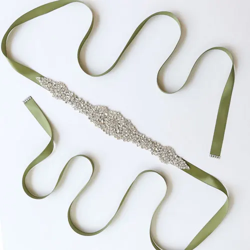 Green Satin Ribbon Sash Belt Sliver Rhinestones satin Bridal Belt For wedding dress accessories - Цвет: color 5