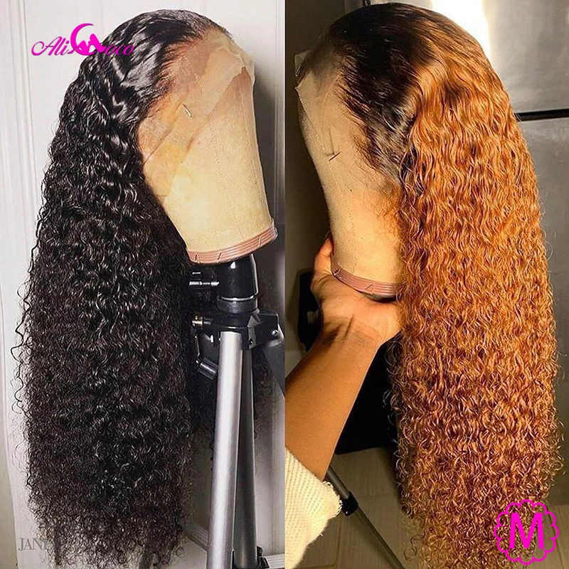US $59.18 Ali Coco Deep Part Curly Human Hair Lace Front Wigs 13x6x1 150 Orange Ginger Ombre Color Brazilian Remy Curl Wigs Pre Plucked