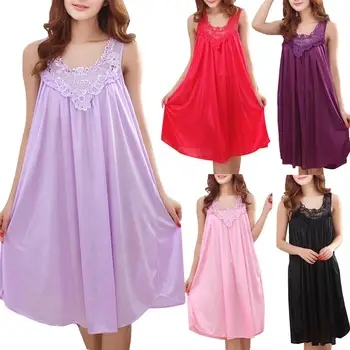 

Summer Sexy Lace Women's Sleepwear Ice Silk Sleeveless Vest Mid-length Nightdress Solid Color Pijama mujer 2020 Home Apparel