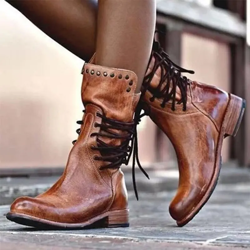 

Winter Boots Women Retro Shoes Leather Boots Vintage Rivets Round Toe Lace-Up mid-calf Boots zapatos Plus Size