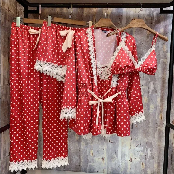 

2019 New Spring Lady's Pyjamas Home Suit Women's V-neck Polka Dot Four Piece Pants Set Satin Silk Pajamas Sleepwear Night Suit