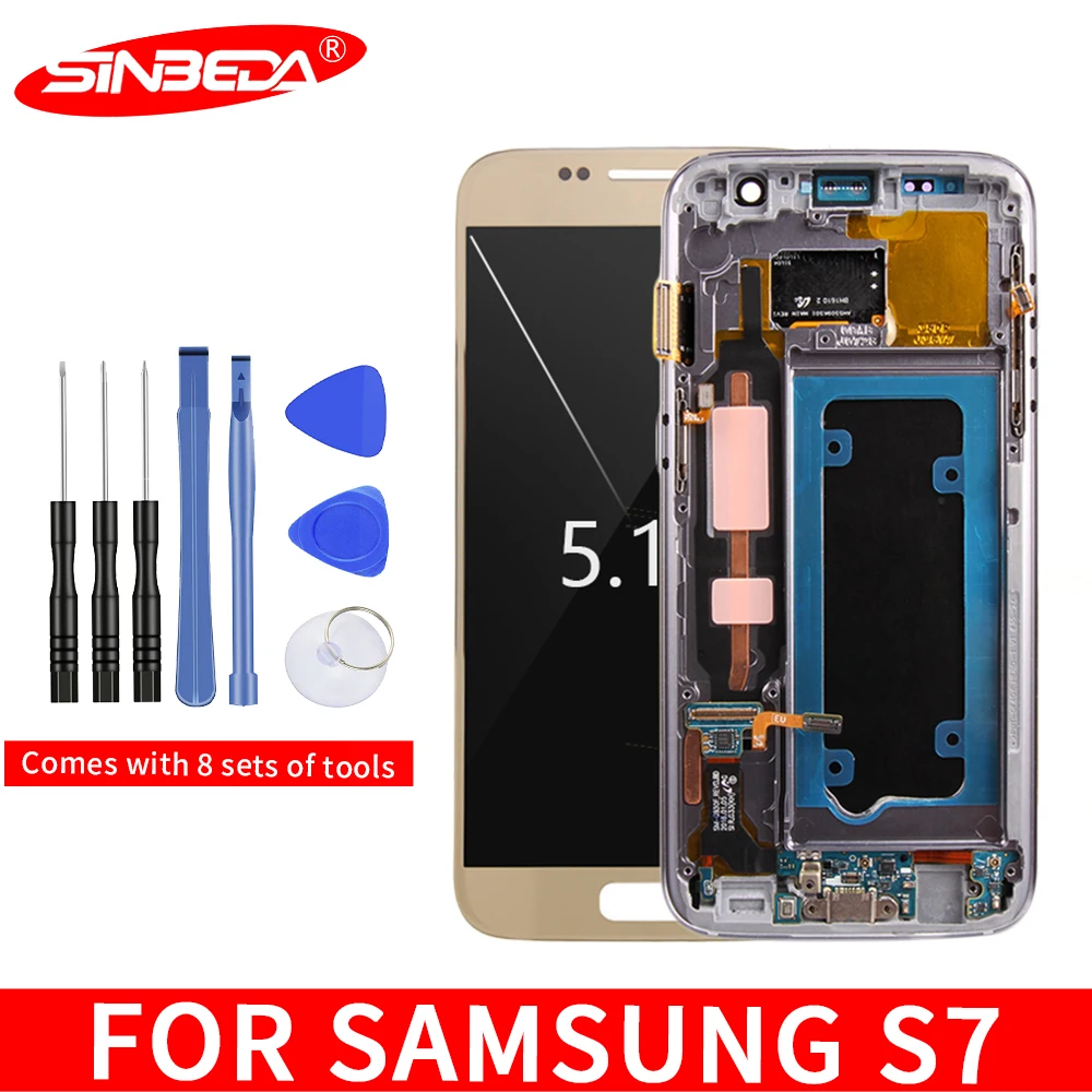 

5.1"Sinbeda Super AMOLED For SAMSUNG GALAXY S7 G930A G930F SM-G930F LCD Display Touch Screen Digitizer with Frame For S7 Screen
