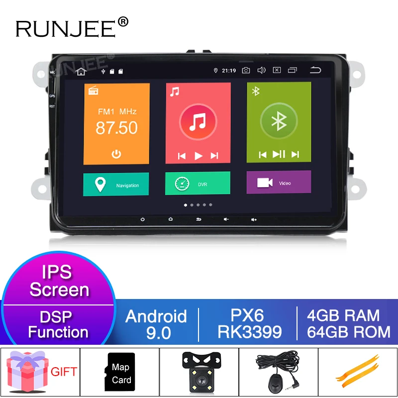 

RUNJEE Android 9 PX6 Car DVD player 4GB 64GB For VW/Volkswagen/POLO/PASSAT/Golf/Skoda/Octavia/Seat BT WIFI DAB
