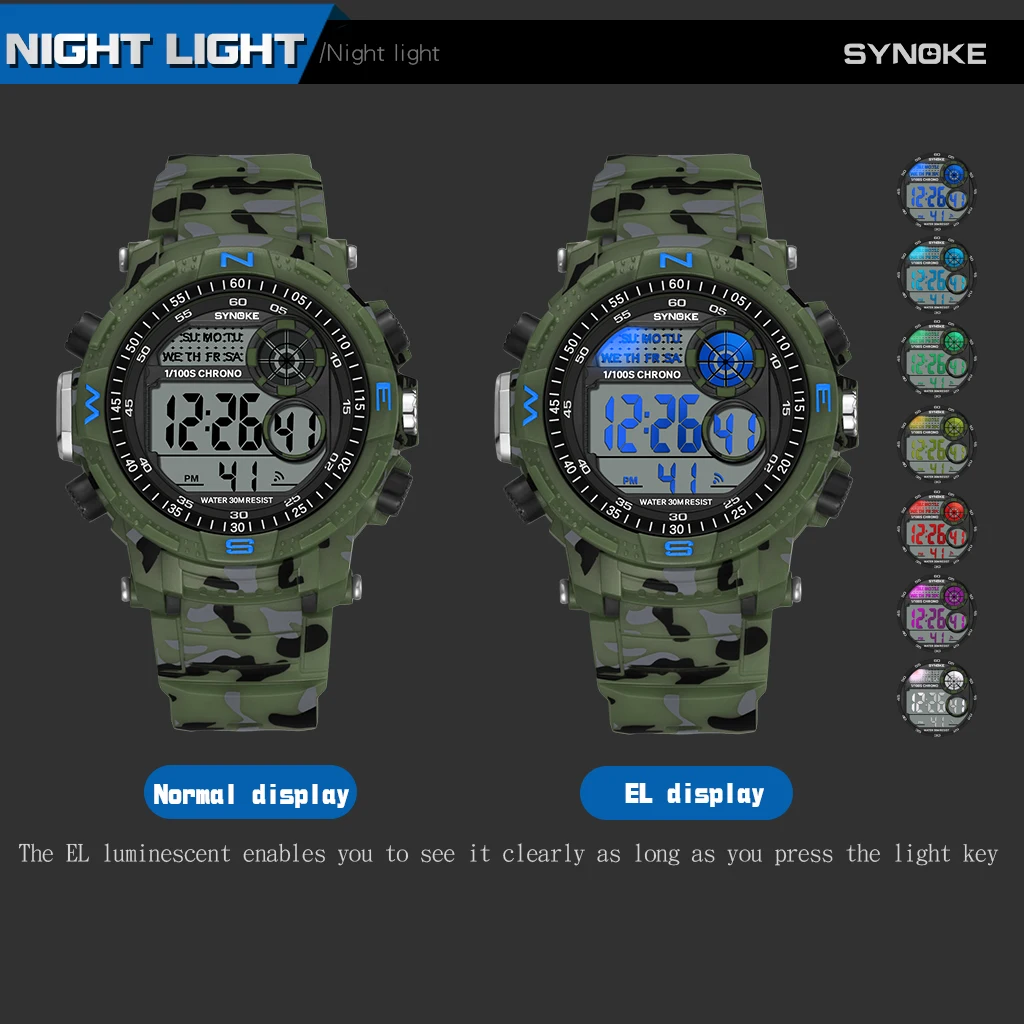 SYNOKE спортивные мужские цифровые часы Военные камуфляжные зеленые светодиодные светящиеся водонепроницаемые противоударные будильник Дата Неделя мужские наручные часы