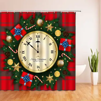 

Xmas Decoration Shower Curtain Red Stripe Background Christmas Wreath Gift Magic Ball Golden Fine Clock Home Decoration