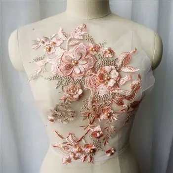 

Champagne Pink Lace Fabric 3D Flowers Beads Rhinestones Embroidered Wedding Gown Appliques Decoration Sew Patch For Dress DIY