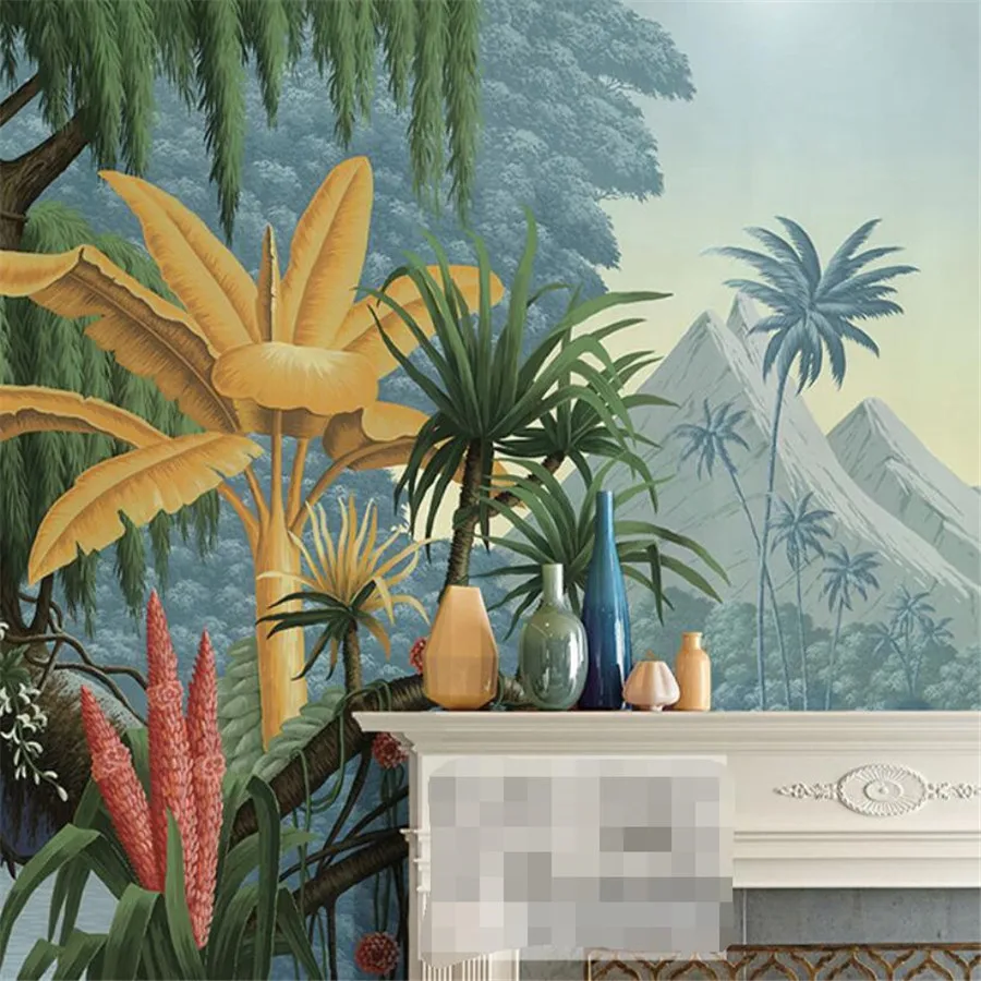 Papel de Parede com Mural 3d Personalizado Pintura Ocidental em Lakeside Plantas Tropicais Nórdicas de Luxo Fundo de Parede Decorativo Pai