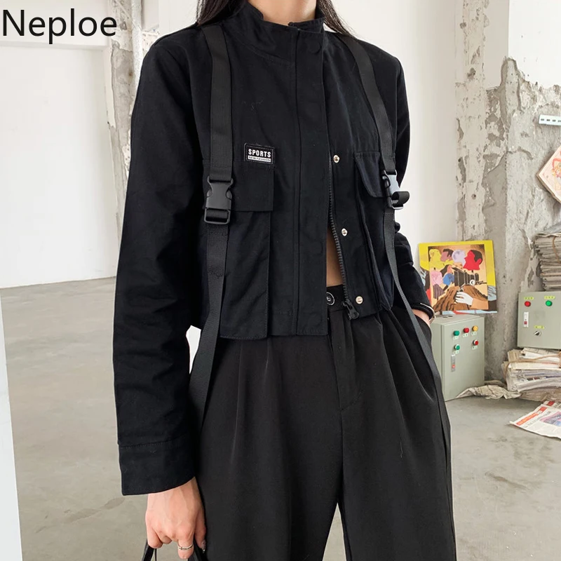 Neploe Harajuku уличная мотоциклетная куртка с карманами из ленты, пальто Карго, осень, повседневная короткая черная верхняя одежда на молнии, 55756