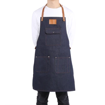 

Ladies Men Leather Strap Denim Bib Apron BBQ Florist Baker Bartender Baristas Chef Work Uniform