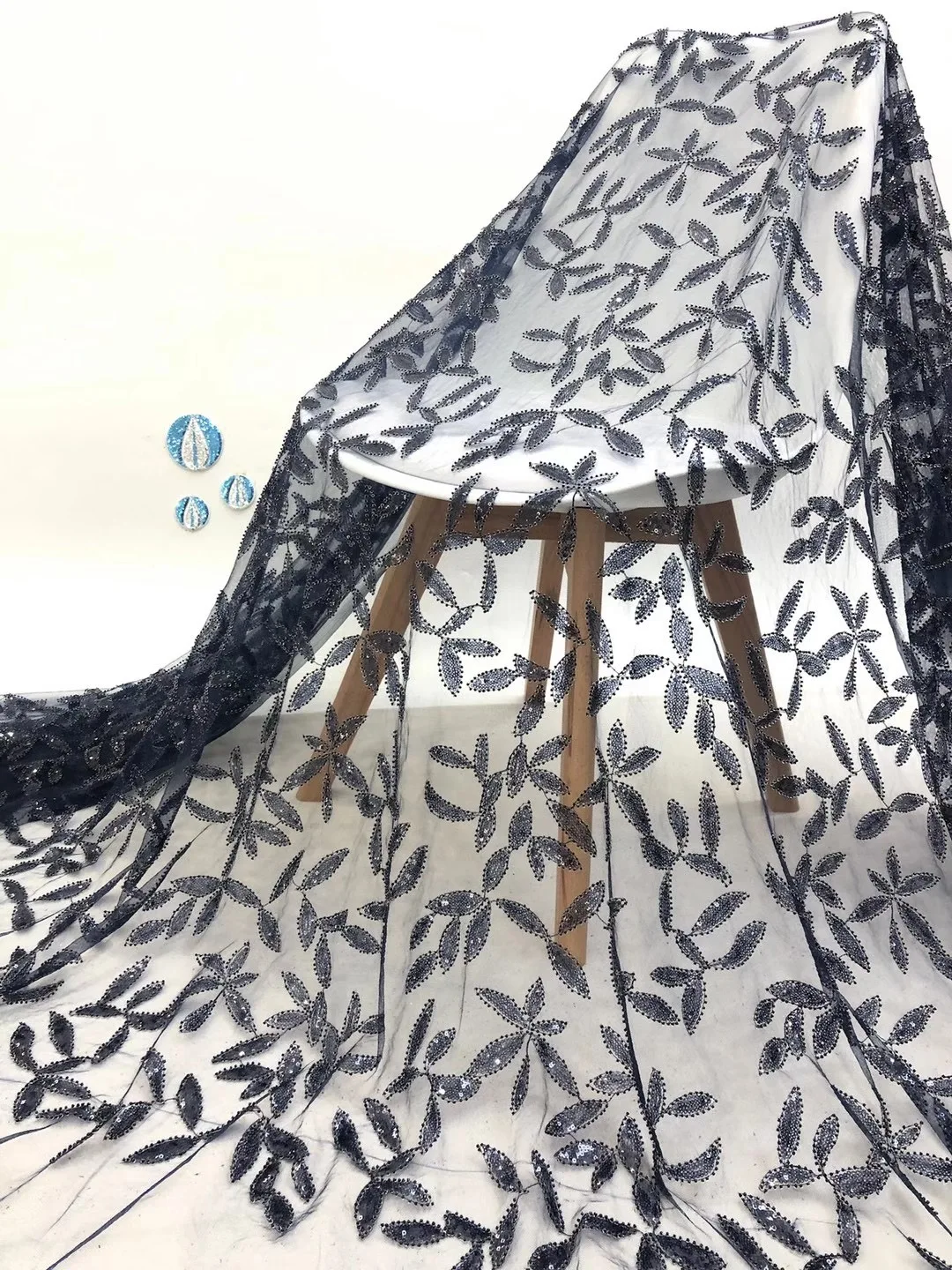 

Handmade Pearl Lace Fabric Embroidery French Tulle Mesh Lace Sequins Best Quality Beaded Lace Fabric XB4628