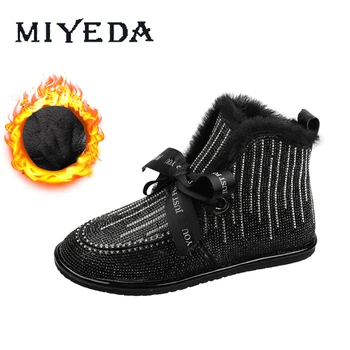 

High-top Snow Boots Warm Long Plush Round Toe Sweet Ribbon Bowknot Black Silver Crystal Bling Slip-on Winter Short Cotton Boots