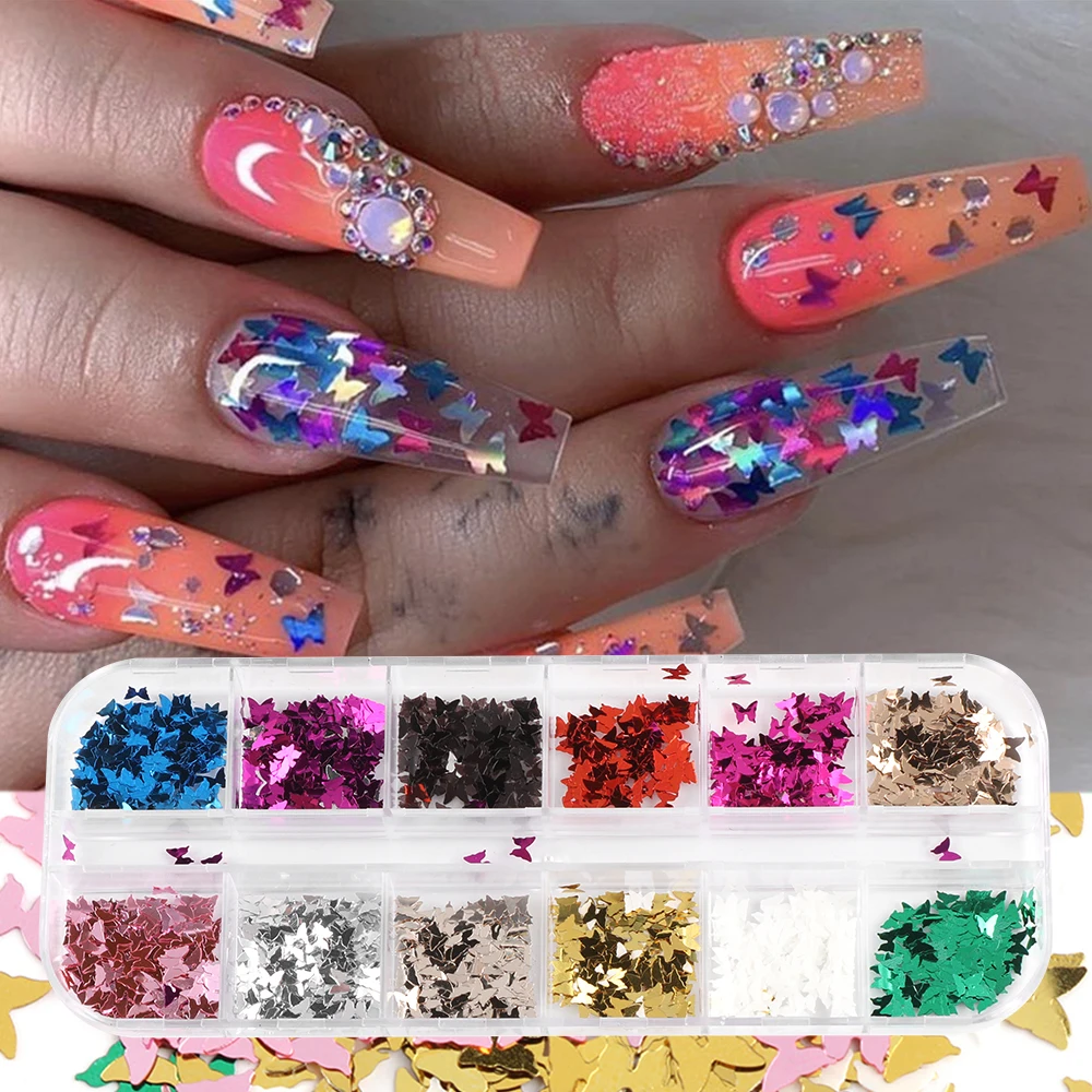 

12Grids/Set Colorful Glitter Butterfly Shape Sequins Decors Nail Flakes Stickers 3D Laser Glitter Sequin DIY Nail Art Decoration