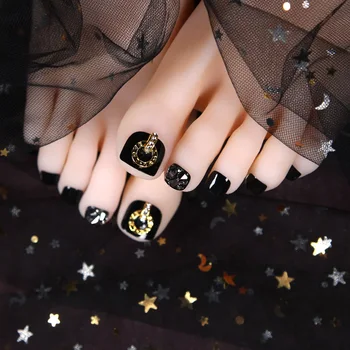 

24PCS/box Black Short Luxurious Fake Toenails Suit for Summer Mine Black Diamonds Wearable Decoration Female press on toenails