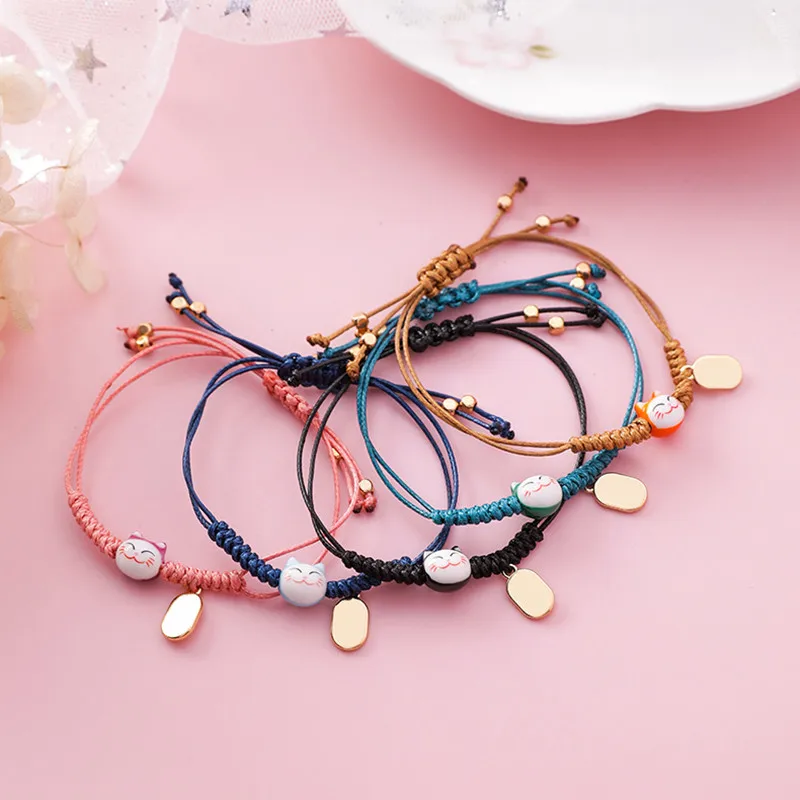 Hand-knitted Ceramic Lucky Cat Charm Rope Bracelets Tassel Beads for Women bracelet jewelry,shell charm bracelets