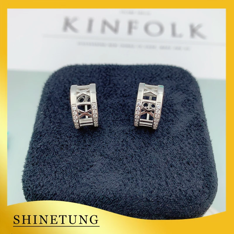 

1:1 Original Model S925 Sterling Silver Earrings Fashion Silver Roman Numeral Zircon Earrings Ladies LOGO Jewelry Birthday Gift