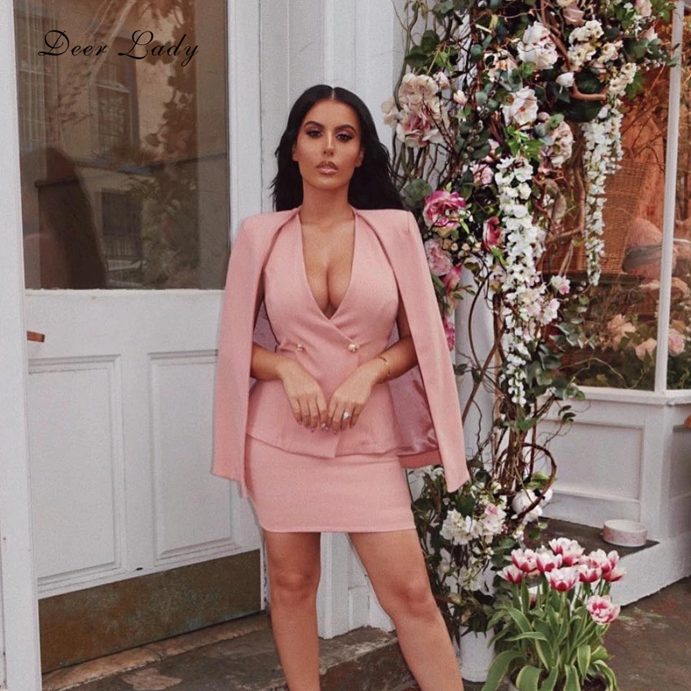 

Deer Lady 2019 Women 2 Piece Dress Set With Jacket Sexy Mini Bodycon Set Pink Party Dress With Cardigan Elegant