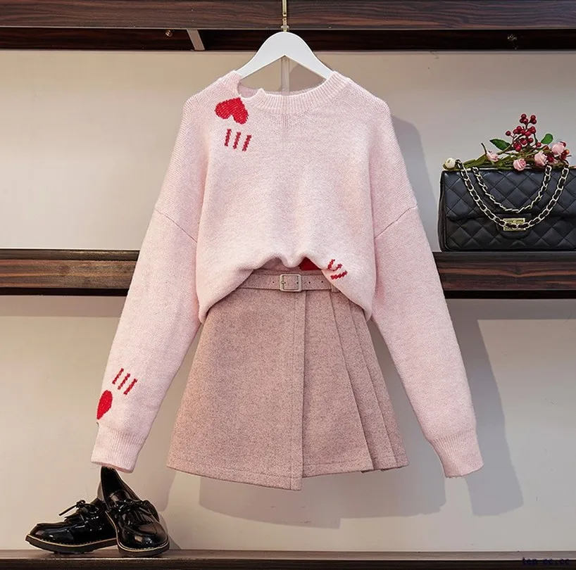 

Taotrees Autumn Winter Female Pink O-neck Long Sleeve Sweater Tops + High Waist Belted Knitted Ruched Mini Skirts Suit