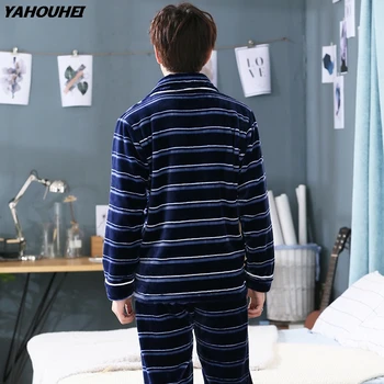 

2019 Winter Plus Size Thick Warm Flannel Pajama Sets For Men Long Sleeve Casual Striped Coral Velvet Pyjama Lounge Wear Homewear
