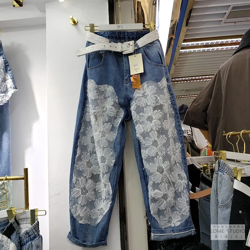 

European Loose Jeans for Women New Europe Sequins Embroidery Stitching Lace Openwork Small Fragrant Jeans Straight Leg Pants