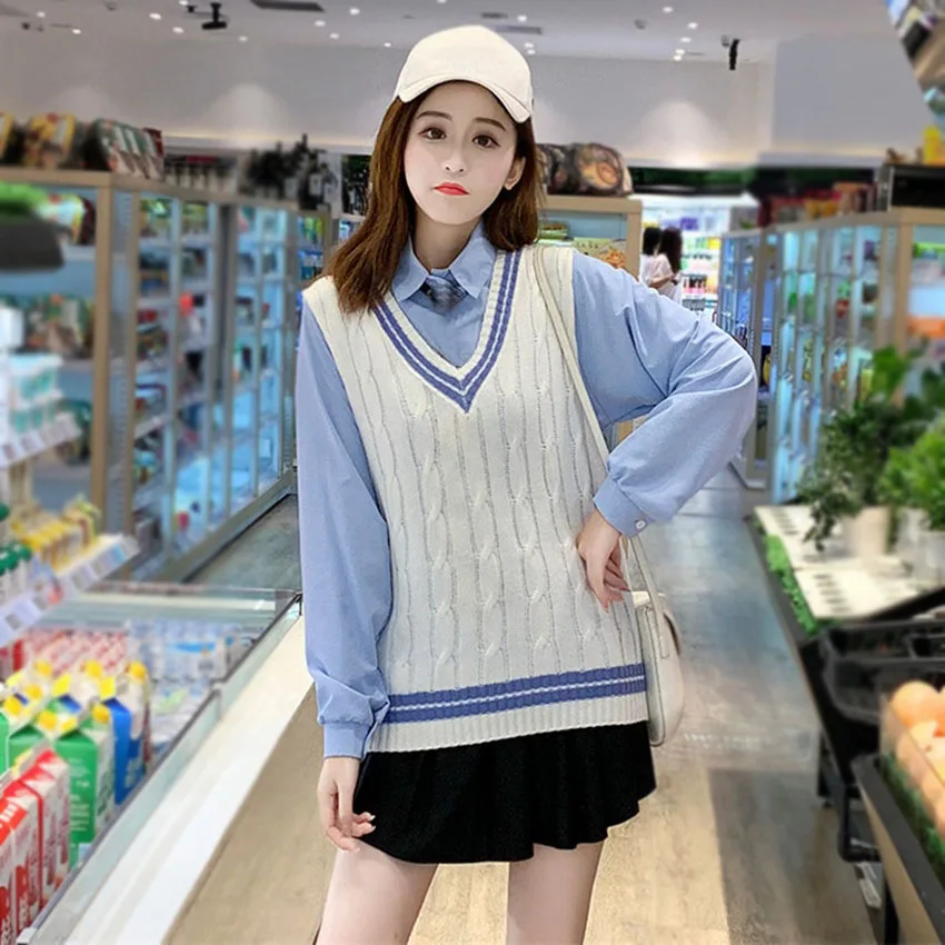 

2020 Preppy Style Autumn Student Sweater Vest Women V-Neck Knitted Vest Female Casual Tank Tops Sleeveless Female Sweater Coat