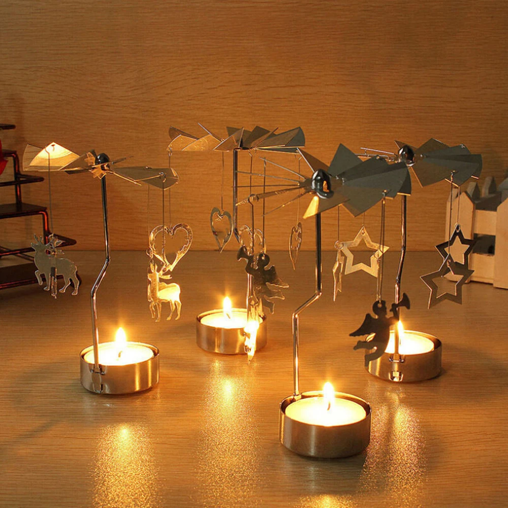 

Multi-shape Romantic Spinning Rotary Metal Carousel Tea Light Stand Candle Holder Christmas Decoration Color Sliver No Candles