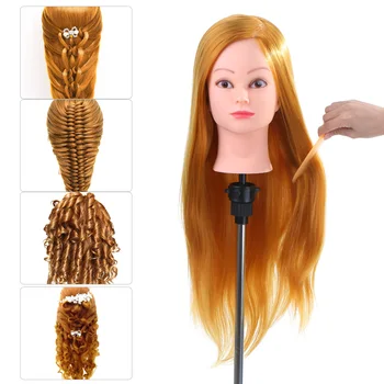 

24" Dummy Head 50% Real Human Hair Training Head Hairdressing Salon Head + Clamp Holder Styling Practice Head Golden Yellow