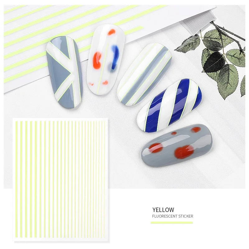 Yellow 1 лист 3D флуоресцентные наклейки для ногтей чередование Ленточные линии Дизайн Клей кривая полоса коснитесь DIY маникюр Дизайн ногтей украшения - Цвет: Yellow
