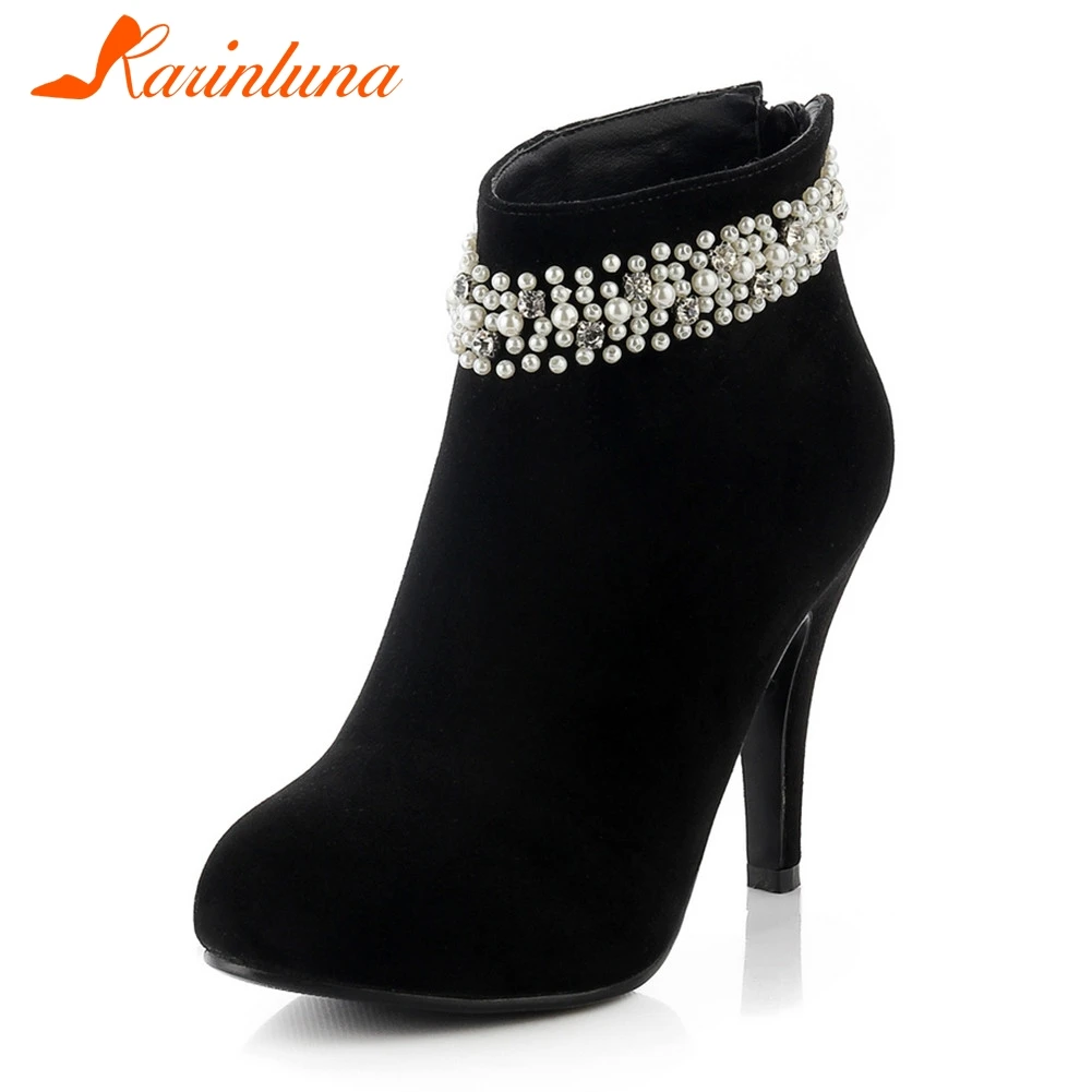 

KARINLUNA Brand New Big Size 33-40 Kid Suede String Bead Ladies High Heels Platform Shoes Woman Party Sexy Ankle Boots Women