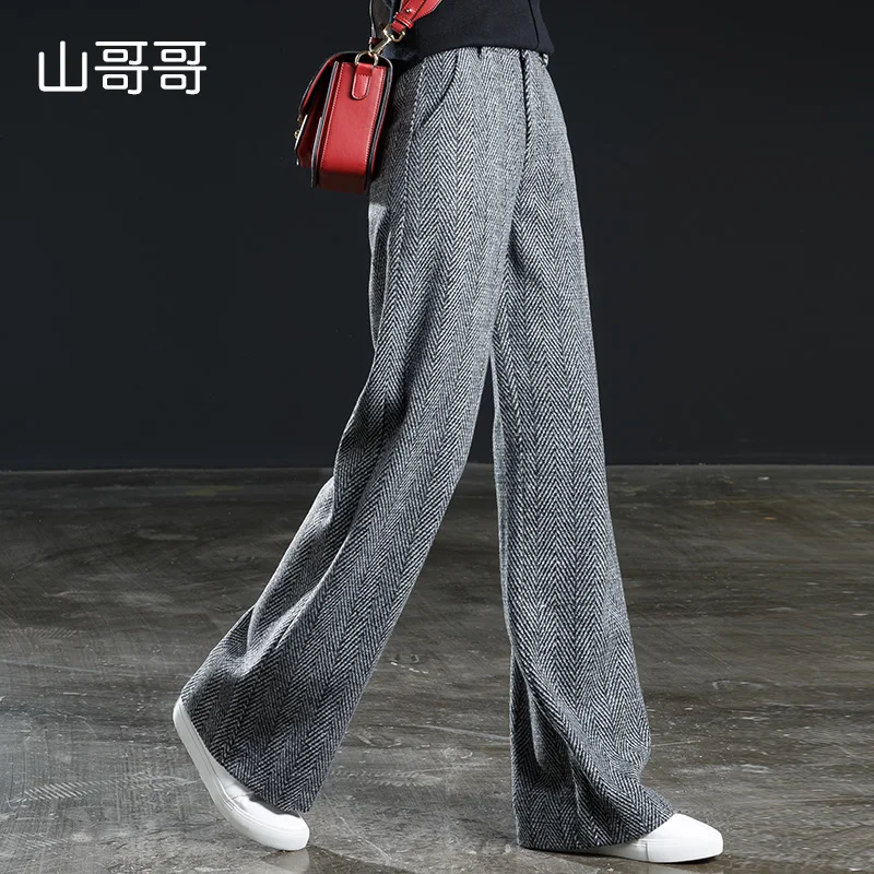 Женские шерстяные широкие брюки heringbone серые свободные длинные полной длины с