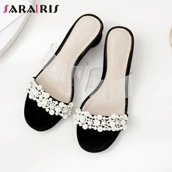 

SARAIRIS Casual Low Heels Slippers Fashion Transparent Strap Slides Women Elegant Summer Brand Design Pearl Shoes Woman