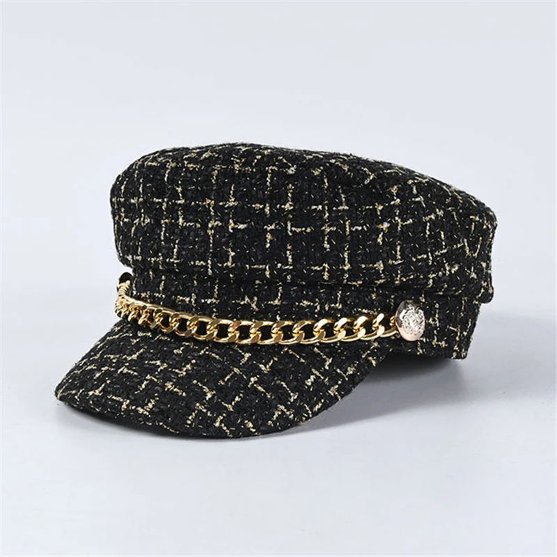 New Luxury Brand Tweed Design Chain Decoration Military Caps Women Black Newsboy Cap Ladies Elegant Octogonal Cap Autumn Winter