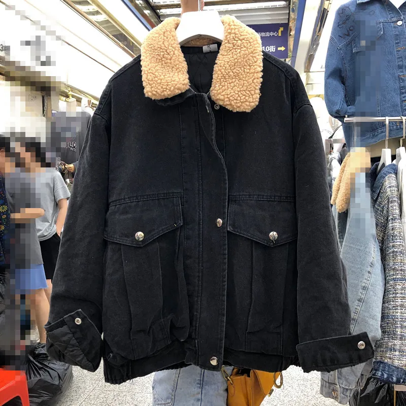 

2019 Winter New Parka Jacket Womens Demountable Wool Collar Cotton Liner Thickened Warm Coats Girls Students Jeans Parka Jackets