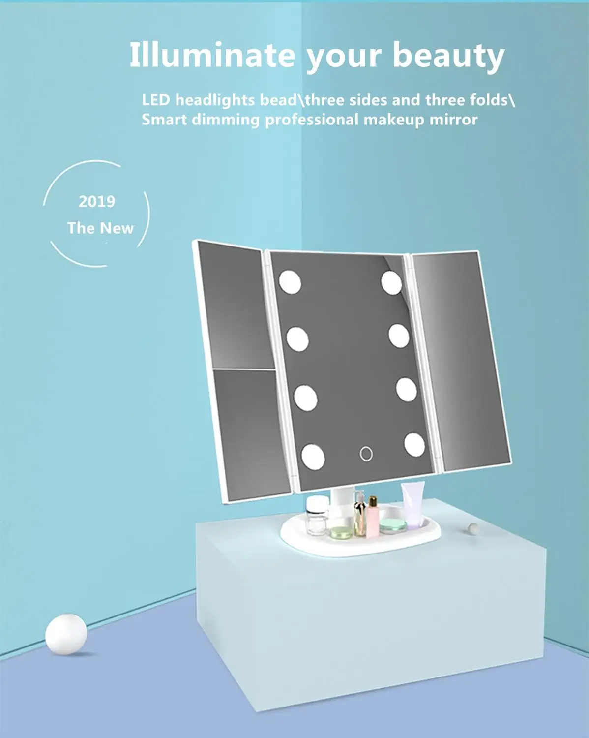 

Led Mirror Professional Makeup Mirror Can Be Adjusted 22/8 LED Light Touch Sensor Mirror 2X3X Zoom Portable Three-sided Folding
