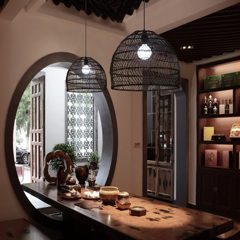 Подвесной светильник в китайском стиле из ротанга, винтажный подвесной светильник E27 для гостиной, столовой, домашнего декора, кафе, ресторана, Подвесная лампа