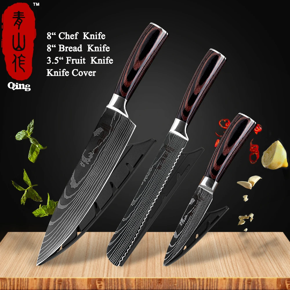 

Qing Kitchen Knife 8 inch Pro Chef Knives Laser Damascus Pattern Stainless Steel Fish&Meat Carving Santoku Slicing Knife Gift