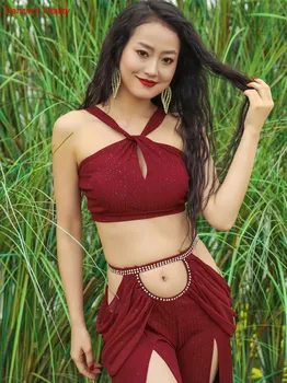 

Women's Belly Dance Dance Suit Practice Clothes New Sexy Hollow Split Long Skirt+Top Bellydance Set Suit