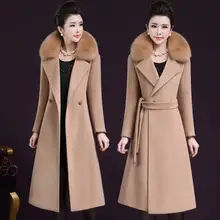 Зимняя офисная Дамская Длинная шерстяная смесь пальто для женщин большой меховой воротник кашемировая шерсть куртка Элегантная Дамская тонкая Высококачественная куртка