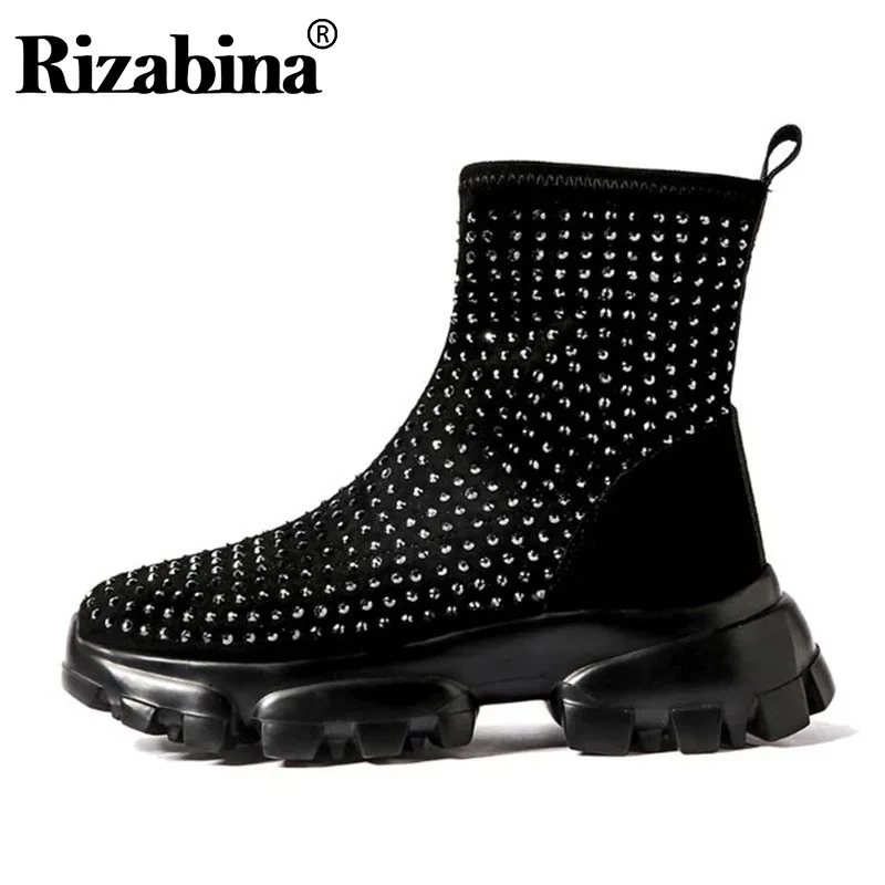 

RIZABINA 2020 New Women Crystal Stretch Boots Platform Thick Heels Ankle Boots Autumn Winter Fashion Shoes Woman Size 35-40