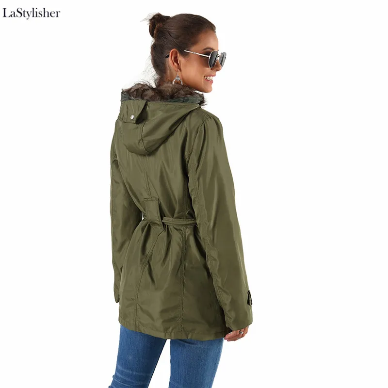 Модное армейское зеленое тонкое хлопковое пальто с подкладкой, зимнее теплое женское черное пальто с капюшоном из искусственного меха, Женская куртка, женские пальто, дропшиппинг