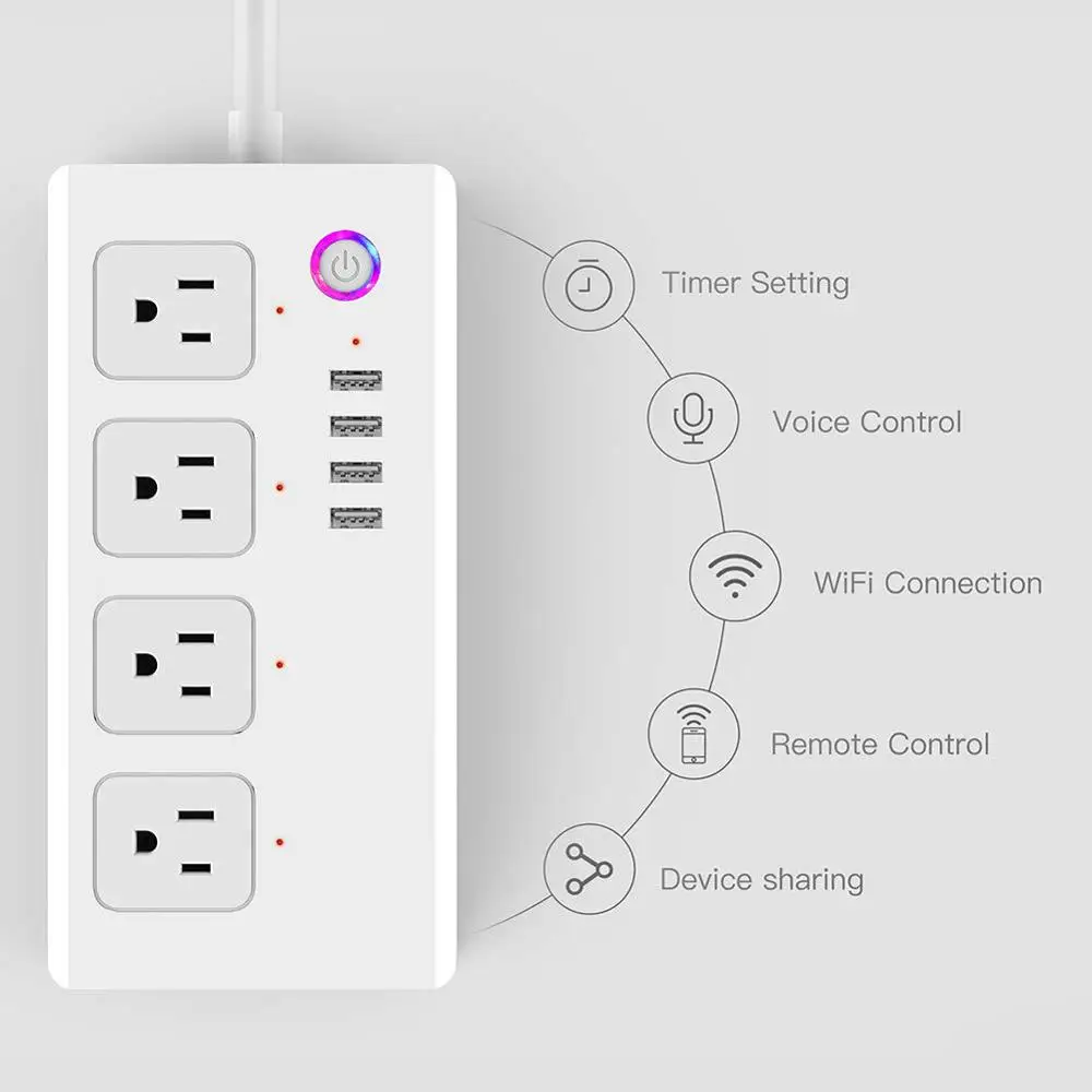 Smart power Strip WiFi power Bar совместим с Alexa, Google Home и IFTTT, 4 usb-порта для зарядки и умные розетки