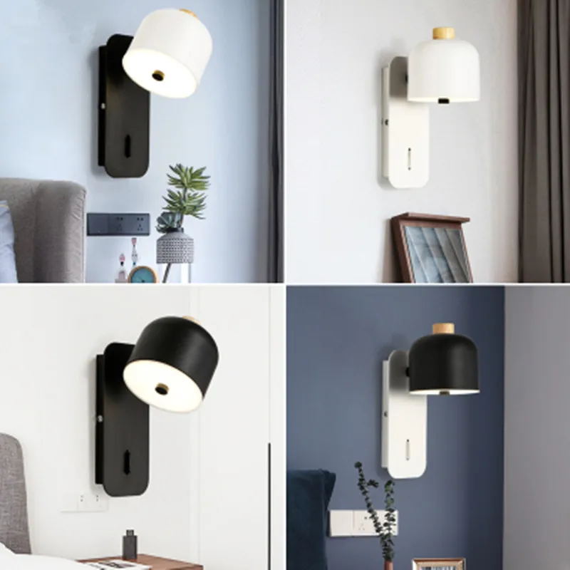 

Adjustable 220V LED Wall Lamp With Metal Lampshade For Bedroom Nordic White Wall Sconce Home Decor Black Wall Sconce