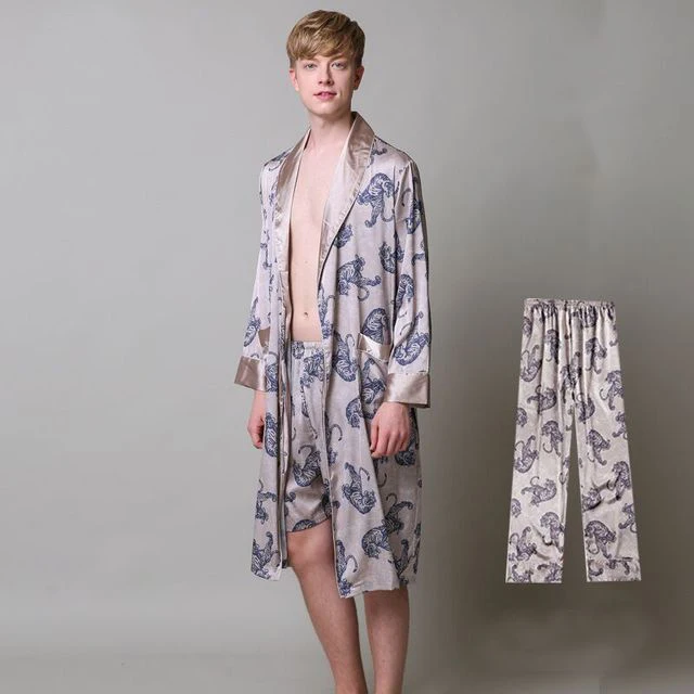 3PC sets Двухкомпонентная шелковая ночная рубашка, атласная Мужская пижама, свободное платье с тигром, шелковистый халат с длинным рукавом и длинные штаны, банный халат для мужчин - Цвет: 3PC sets