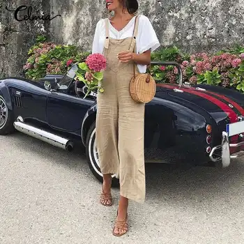 

Plus Size Women Summer Wide Leg Pants Celmia Solid Pockets Jumpsuits Cotton Linen Straps Rompers Casual Long Trousers Overalls 7