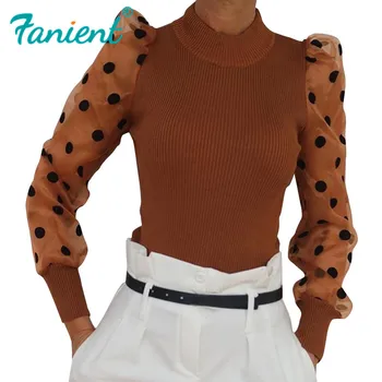 

Puff Sleeve Knitwear Mesh Transparent Pullover Autumn Women Polka Dot Winter Top Knitted Turtleneck Thin Sweater