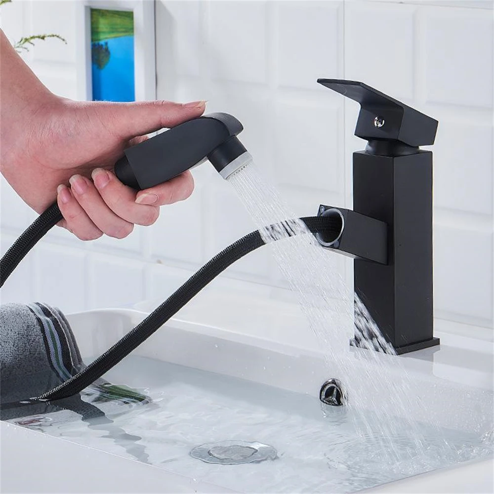 

Square Pull Out Basin Faucet Chrome And Black Hot Cold Water Sink Sprayer Tap Single Hole Deck Mounted Faucets Bathroom Supplies