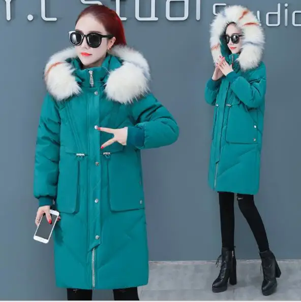 Green Зимняя женская куртка размера плюс 5XL, новинка, пальто с хлопковой подкладкой, Женская Толстая куртка с капюшоном и большим меховым воротником с большими карманами, зимняя одежда H028 - Цвет: Green