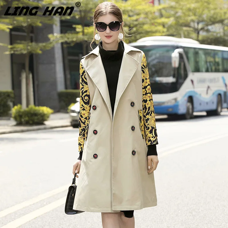 

LINGHAN Fashion Patchwork Long Trench Coat Women's Baroque Elegant Print Long sleeve Slim Overcoat Outwear Designer Autumn New